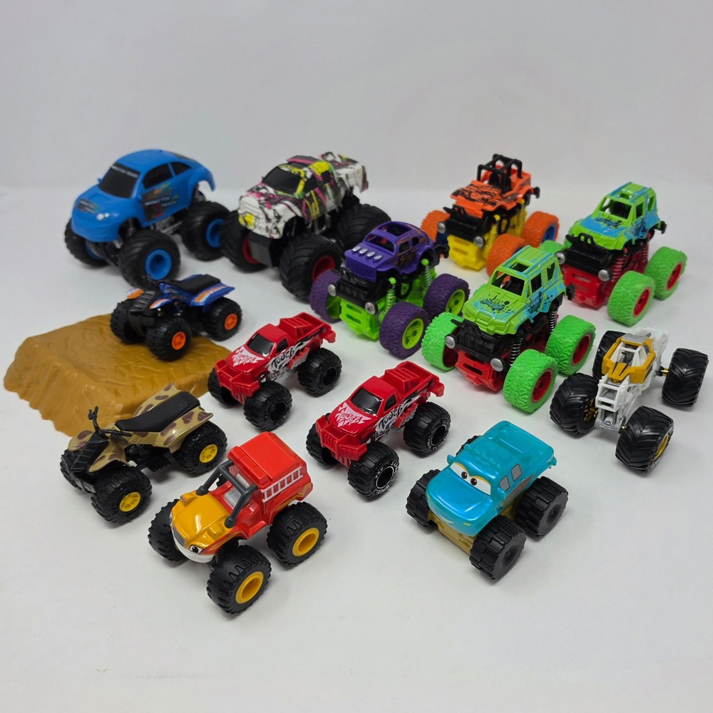 14 pc Lot Monster Truck ATV 4x4 Vehicles + Hot Wheels Mud Ramp Kids Toys